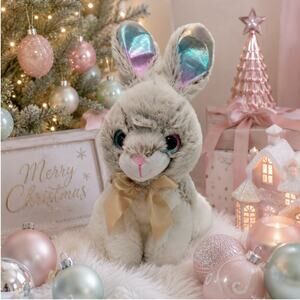 Plush Bunny Rabbit 10" Tan White Iridescent Ears Stuffed Animal Bow Toms Toy